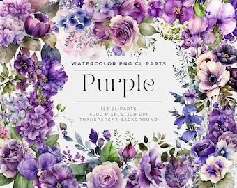 112 Purple Flowers PNG, Watercolor Floral Clipart Bouquets, Elements, Commercial Use, Digital clipart PNG