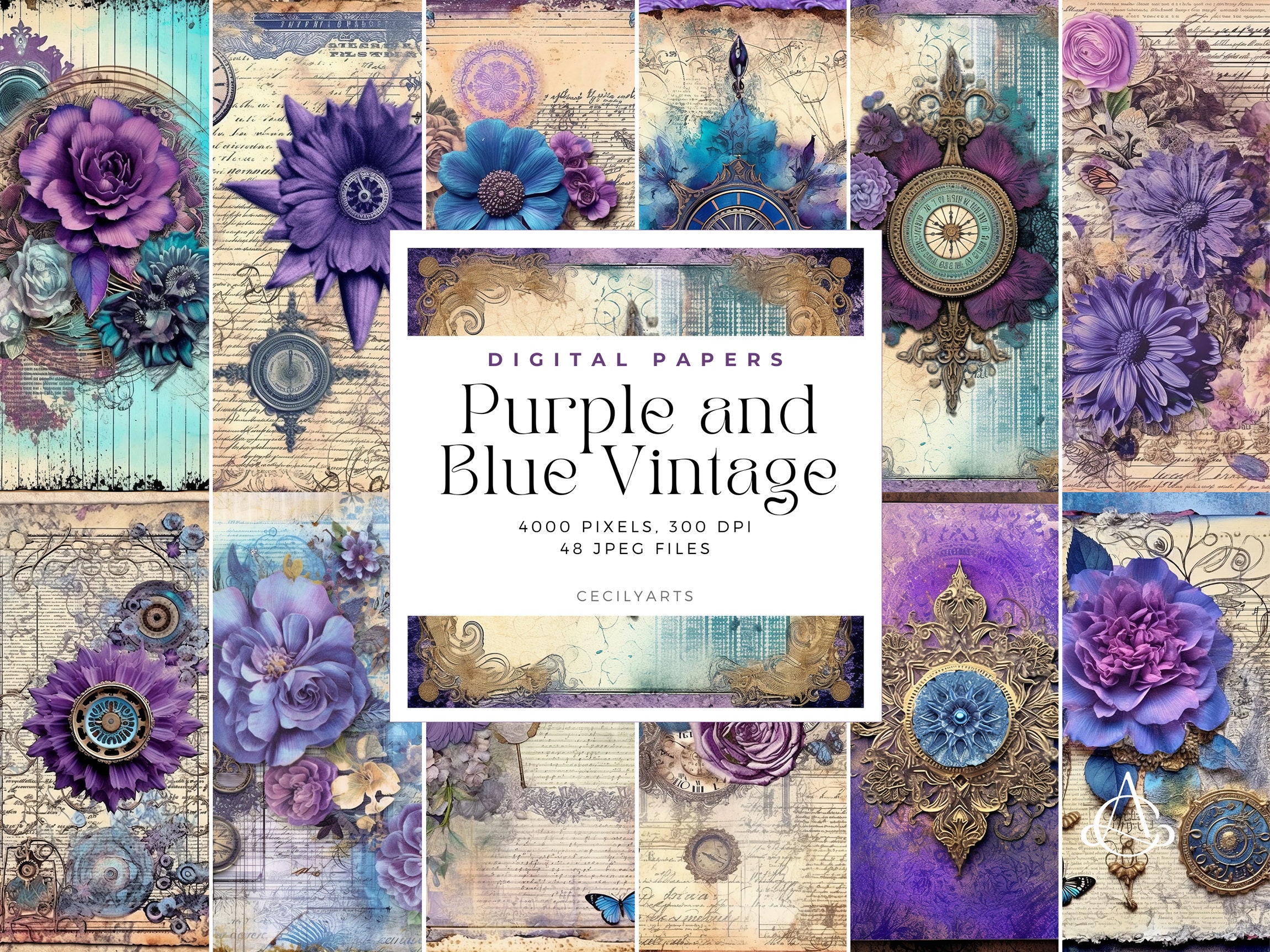 Purple and Blue Vintage Junk Journal Page, Vintage Paper Journal Pages ...