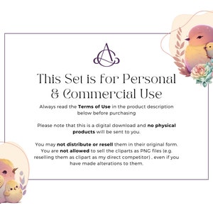 May include: A digital download graphic set with two illustrations of birds with floral accents. The text reads "This Set is for Personal & Commercial Use. Always read the Terms of Use in the product description below before purchasing. Please note that this is a digital download and no physical products will be sent to you. You may not distribute or resell them in their original form. You are not allowed to sell the cliparts as PNG files (e.g. reselling them as clipart as my direct competitor), even if you have made alterations to them."