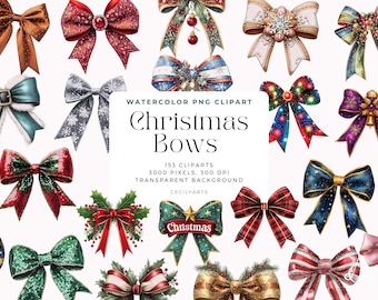 Watercolor Christmas Bow Clipart: Coquette PNG Set (Commercial Use)