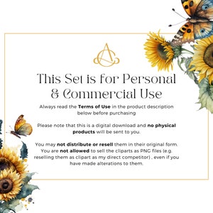 May include: A digital download graphic design set featuring watercolour sunflowers and butterflies. The text on the image reads "This Set is for Personal & Commercial Use".