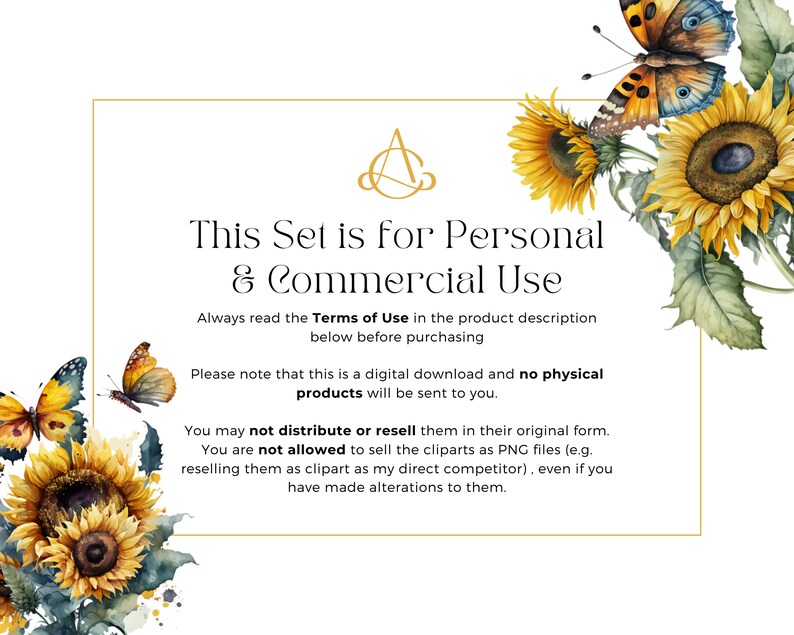 May include: A digital download graphic design set featuring watercolour sunflowers and butterflies. The text on the image reads "This Set is for Personal & Commercial Use".