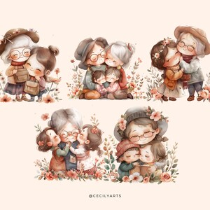K&ouml;nnte beinhalten: Vier Aquarell-Illustrationen von Gro&szlig;m&uuml;ttern und Enkelinnen, die sich umarmen und Zuneigung zeigen. Die Illustrationen sind vor einem hellpfirsichfarbenen Hintergrund mit floralen Akzenten angeordnet.