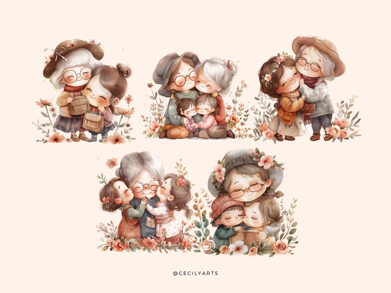 K&ouml;nnte beinhalten: Vier Aquarell-Illustrationen von Gro&szlig;m&uuml;ttern und Enkelinnen, die sich umarmen und Zuneigung zeigen. Die Illustrationen sind vor einem hellpfirsichfarbenen Hintergrund mit floralen Akzenten angeordnet.