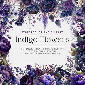 Indigo and Purple Flowers PNG, Watercolor Floral Clipart Bouquets, Elements, Commercial Use, Digital clipart PNG
