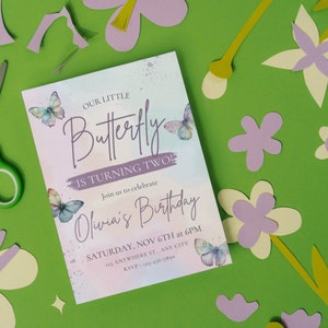 May include: A colorful invitation with a watercolor background featuring butterflies and the text "Our Little Butterfly is Turning Two!"  Join us to celebrate Olivia's Birthday. Saturday, Nov 6th at 6 PM.  Anywhere St., Any City. RSVP: 123-456-7890.