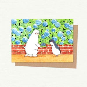 Polar Bear & Penguin with Hydrangeas Love Card, Engagement Card, Wedding Card, Valentines Card, Couple Card