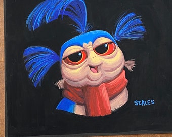 May include: A hand-painted illustration of a blue and red creature with large eyes and a red scarf. The creature is on a black background with the word "SCALES" written in blue.