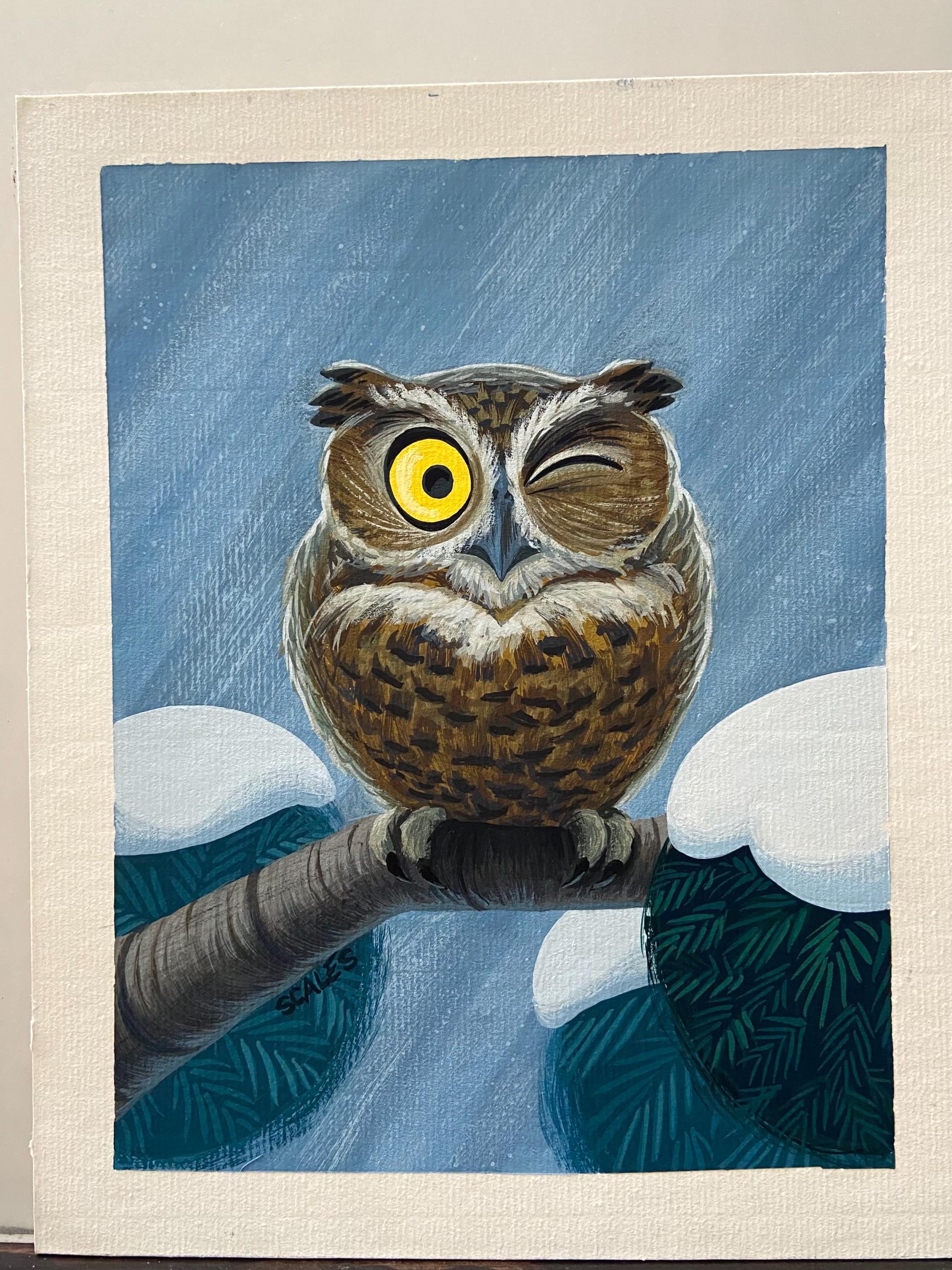 Owl in Winter- One of a Kind gouache painting