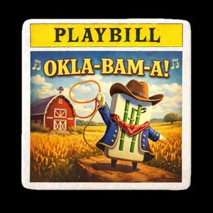 May include: Playbill card featuring the title "OKLA-BAM-A!" above an illustration of a cartoon character in a cowboy hat and attire, holding a lasso in a wheat field with a red barn.