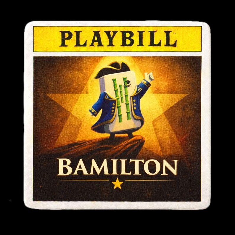 May include: A playbill with the word "PLAYBILL" in yellow at the top. The image features a cartoon character with a bamboo design, wearing a blue coat, and the word "BAMILTON" at the bottom.