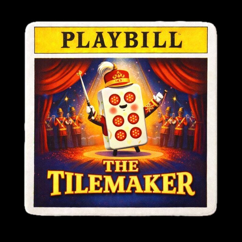 May include: Playbill for "The Tilemaker" featuring a cartoon dice character in a band uniform, holding a baton. The background includes a stage with red curtains and a marching band. The title is in yellow.
