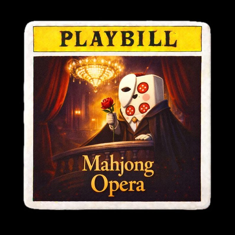 May include: A playbill with the title "PLAYBILL" in yellow. The image features a cartoon character with a mask and a rose, with the words "Mahjong Opera" below. The background shows a theater scene with a chandelier and red curtains.