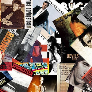 May include: A collage of album covers featuring Bruce Springsteen. The covers are from different albums and feature various images of Springsteen, including a close-up of his face, a photo of him in a suit, and a photo of him on a stage. The covers also feature various text, including the title of the album, the artist's name, and the album's release date.