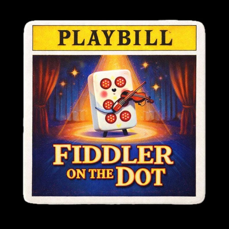 May include: A Playbill card with a whimsical illustration. The top banner reads "PLAYBILL" in yellow. The image features a cartoon domino character holding a violin, with the text "FIDDLER ON THE DOT" below. The background has a stage curtain design.
