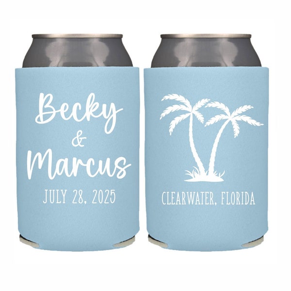 Destination Beach Wedding Favor Can Cooler Personalized Palm Tree Beaches Theme Wedding Favor, Wedding Can Coolers Custom Beverage Holder