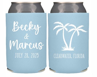 Destination Beach Wedding Favor Can Cooler Personalized Palm Tree Beaches Theme Wedding Favor, Wedding Can Coolers Custom Beverage Holder