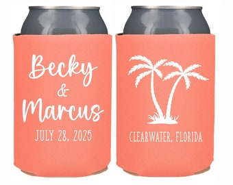 Personalized Palm Tree Can Cooler, Destination Beach Wedding Favors, Custom Can Coolers, Beverage Holders for Guests