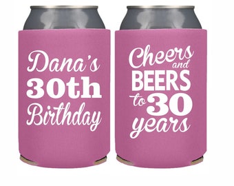 30th Birthday, Cheers and Beers to 30 years, 30th Birthday Party, Custom Can Cooler, 30th Birthday Favors, 30th Birthday Gift