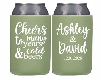 Personalized Wedding Can Cooler, Cheers to Many Years and Cold Beers, Customized Wedding Favor, Custom Can Cooler, Beer Huggers