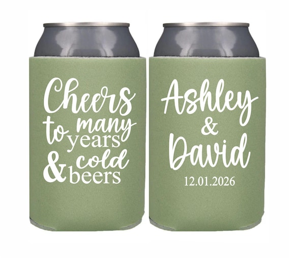 Personalized Wedding Can Cooler, Cheers to Many Years and Cold Beers, Customized Wedding Favor, Custom Can Cooler, Beer Huggers