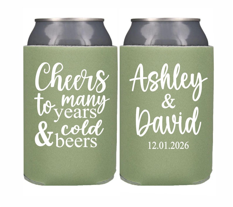 Personalized Wedding Can Cooler, Cheers to Many Years and Cold Beers, Customized Wedding Favor, Custom Can Cooler, Beer Huggers image 1