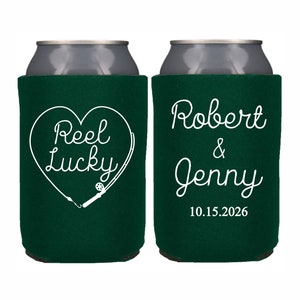 Personalized Can Cooler, Reel Lucky Fishing Theme Wedding Favor, Wedding Can Coolers, Custom Can Cooler, Beer Huggers, Fish Wedding Favor