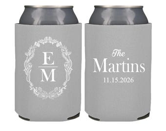 Custom Can Cooler Wedding Favor, Personalized Wedding Can Coolers, Beer Huggers, Wedding Reception Drink, Floral Wedding Crest with Initials
