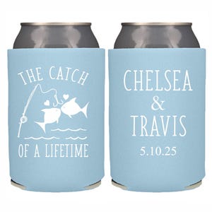 Personalized Wedding Can Cooler, Fishing Theme Wedding, Fishing Party Favors, Custom Can Cooler, Beer Hugger, Fish Theme Catch of a Lifetime