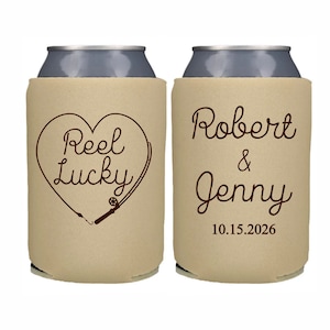 Personalized Can Cooler, Reel Lucky Fishing Theme Wedding Favor, Fish Wedding Can Coolers, Custom Can Cooler, Beer Huggers, Customized Favor