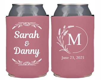 Personalized Wedding Can Cooler, Floral Wedding Last Name Initial Can Cooler, Flower Theme Garden Wedding, Custom Can Cooler Beer Huggers W1