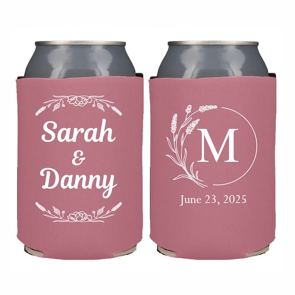 Personalized Wedding Can Cooler, Floral Wedding Last Name Initial Can Cooler, Flower Theme Garden Wedding, Custom Can Cooler Beer Huggers W1