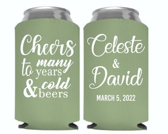 Personalized Wedding Can Cooler, Cheers to Many Years and Cold Beers, Customized Wedding Favor, Custom Can Cooler, Beer Huggers