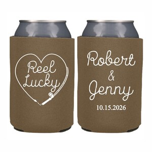 Personalized Wedding Can Cooler, Reel Lucky Fishing Theme Wedding, Fishing Party Custom Can Cooler, Beer Huggers, Custom Favors Fish Theme