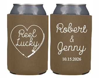 Personalized Wedding Can Cooler, Reel Lucky Fishing Theme Wedding, Fishing Party Custom Can Cooler, Beer Huggers, Custom Favors Fish Theme