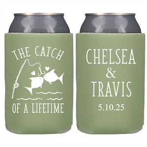 Personalized Wedding Can Cooler, Fishing Theme Wedding, Fishing Party Favors, Custom Can Cooler, Beer Hugger, Fish Theme Catch of a Lifetime