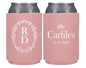 Custom Can Cooler Wedding Favor, Personalized Wedding Can Coolers, Beer Huggers, Wedding Reception Drink, Floral Wedding Crest with Initials