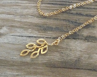 Leaf pendant necklace, vermeil leaves charm, gold filled necklace, long necklace, layering necklace, gift for her