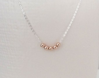 Two tone necklace, tiny rose gold filled beads on a sterling silver chain, dainty silver necklace, minimalist necklace, gift for her