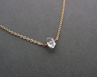 Herkimer diamond necklace, tiny Herkimer crystal necklace, delicate gold filled, silver necklace, raw crystal necklace, April birthstone