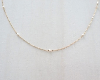 TINY pearl necklace, delicate chain necklace, dainty gemstone station necklace, layering necklace, gift for her