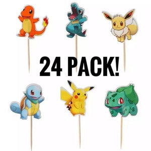 May include: A 24 pack of Pokemon cupcake toppers. The toppers feature various Pokemon characters, including Pikachu, Bulbasaur, Charmander, Squirtle, and Eevee. The toppers are printed on cardstock and attached to wooden skewers.