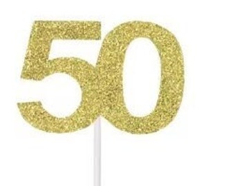 Number 50 Cupcake Topper Silver or Gold Glitter (Happy 50th Birthday set of 10)