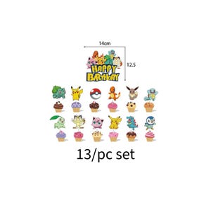 May include: A set of 13 Pokemon cupcake toppers. The toppers feature various Pokemon characters, including Pikachu, Bulbasaur, Charmander, Squirtle, and more. The toppers are made of cardstock and are approximately 2.5 inches tall. The set also includes a "Happy Birthday" topper that is approximately 5 inches tall. The toppers are perfect for adding a fun and festive touch to your Pokemon-themed birthday party.