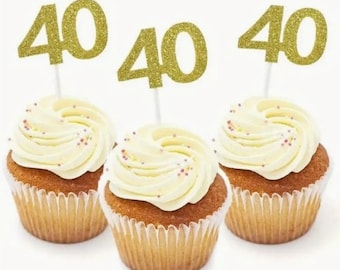 40th Birthday Glitter Cupcake Toppers: Gold or Silver (Set of 10)