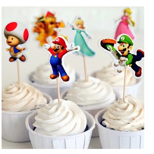 Décorations pour cupcakes/décorations d&#39;anniversaire Super Mario Bros Mario, Luigi, crapaud, princesse Peach, soirées gaming (24 pcs/ensemble)