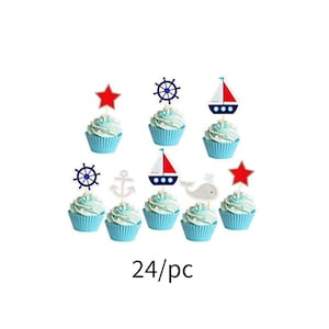 24piece Ocean Sailing Yacht Boat Nautical Cupcake Toppers Pirate Ship Whale Cake Decorations for Baby Shower, Birthday Party