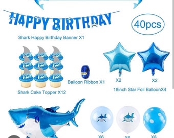 40-teiliges Hai-Party-Set mit Hai-Luftballons, „Happy Birthday“-Banner, Hai-Cupcake-Toppern, Latexballons, Foliensternen und Bändern