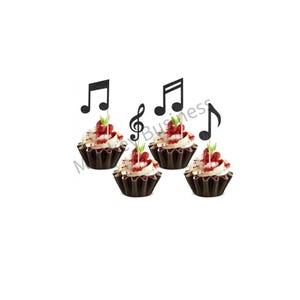 May include: Four cupcakes with black glitter musical note and treble clef toppers. The cupcakes are topped with white frosting and red raspberries.