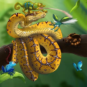 Op de afbeelding: Een gele en bruine slang met zwarte vlekken is om een tak gewikkeld. Een groene kameleon met een lange tong zit op de slang. Een blauwe vlinder, een groene kever met vleugels en een blauwe en zwarte kikker zijn ook op de afbeelding te zien.